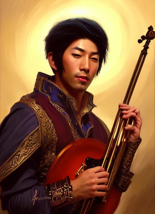 Image similar to a _ fantasy _ style _ portrait _ painting _ of asian male charismatic bard playing instrument, rpg dnd oil _ painting _ unreal _ 5 _ daz. _ rpg _ portrait _ extremely _ detailed _ artgerm _ greg _ rutkowski _ greg
