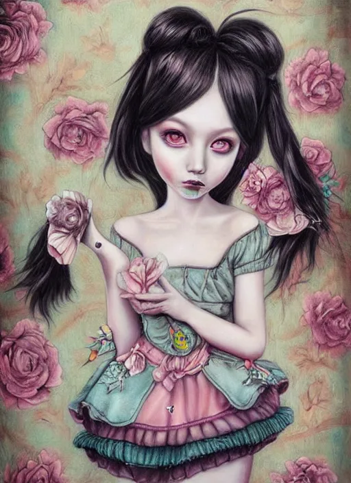 Prompt: pop surrealism, lowbrow art, realistic cute alice girl painting, japanese street fashion, hyper realism, muted colours, rococo, lori earley style,