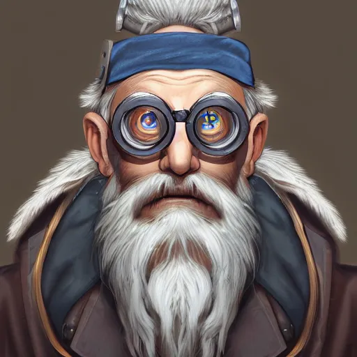 Image similar to a front-facing portrait of an old man with a grey beard and blue hair wearing steampunk goggles, dungeons and dragons character art, highly-detailed illustration, Artstation