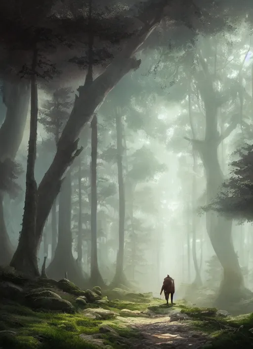 Image similar to a man walking through a forest with a horse, a detailed matte painting by jordan grimmer, cgsociety, fantasy art, matte painting, 2 d game art, volumetric lighting