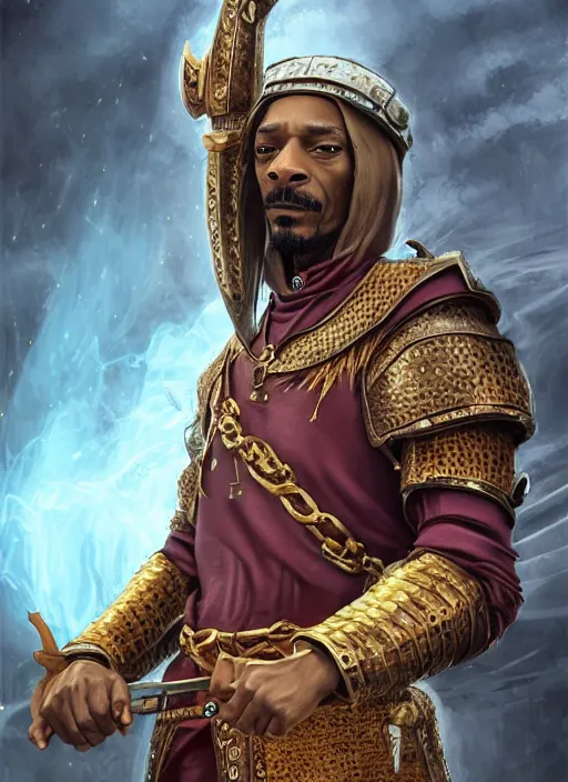 Image similar to snoop dogg as a mage, short beard, grumpy, plate armor, Ivan Aivakovsky, Boris Vallejo, epic fantasy character art, D&D Concept Art, full length, ultra Realistic, Regal, Refined, Detailed Digital Art, Exquisite detail, post-processing, masterpiece, Cinematic Lighting, Unreal Engine, 8k, HD,