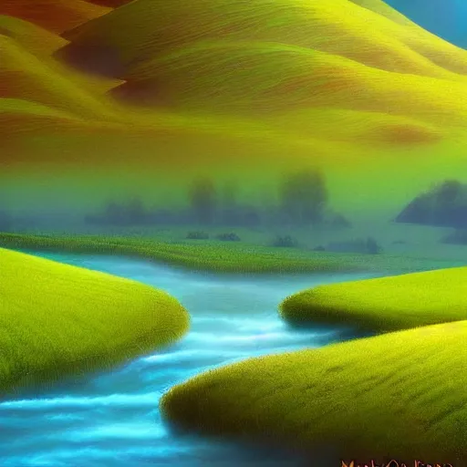 Prompt: A beautiful digital art of of a landscape. It is a stylized and colorful view of an idyllic, dreamlike world with rolling hills, peaceful looking animals, and a flowing river. The scene looks like it could be from another planet, or perhaps a fairy tale. mint, airbrush by Mandy Disher exciting