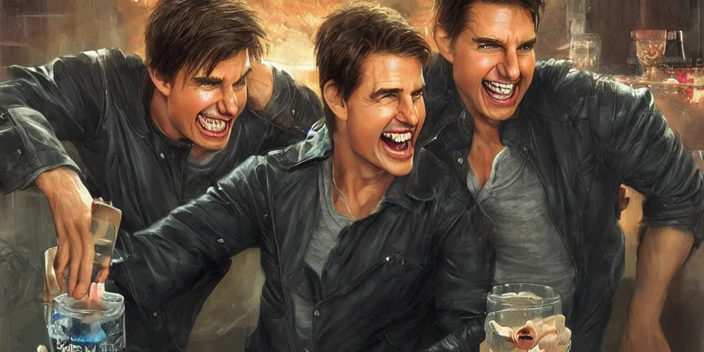 Prompt: hyper realistic tom cruise hanging out with tom cruise at a bar, all overly excited, jaw unhinged with laughter and smiling, all teeth, kinda disturbing but really funny, tom has evil eyes, like super evil looking, by greg rutkowski, scott m fischer, artgerm, loish, slight glow, atmospheric, anne stokes, alexandros pyromallis