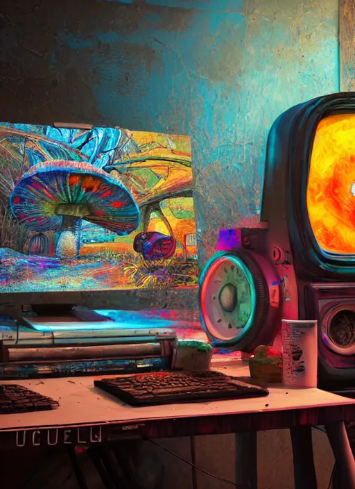 Prompt: A realistic painting of a vintage computer, with a psychedelic mushroom on the screen, in a post apocalyptic setting, unreal 5, DAZ, hyperrealistic, octane render, RPG portrai5t, dynamic lighting