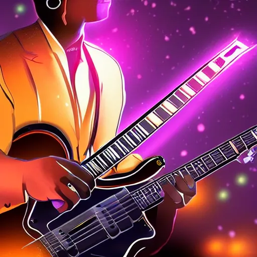 Prompt: a BB King guitarist playing so intensely there is electricity shooting out from his guitar, energy beams under his finger tips, and magic sparkles from the freboard, amazing ditial art, trending on artstation, featured on deviantart