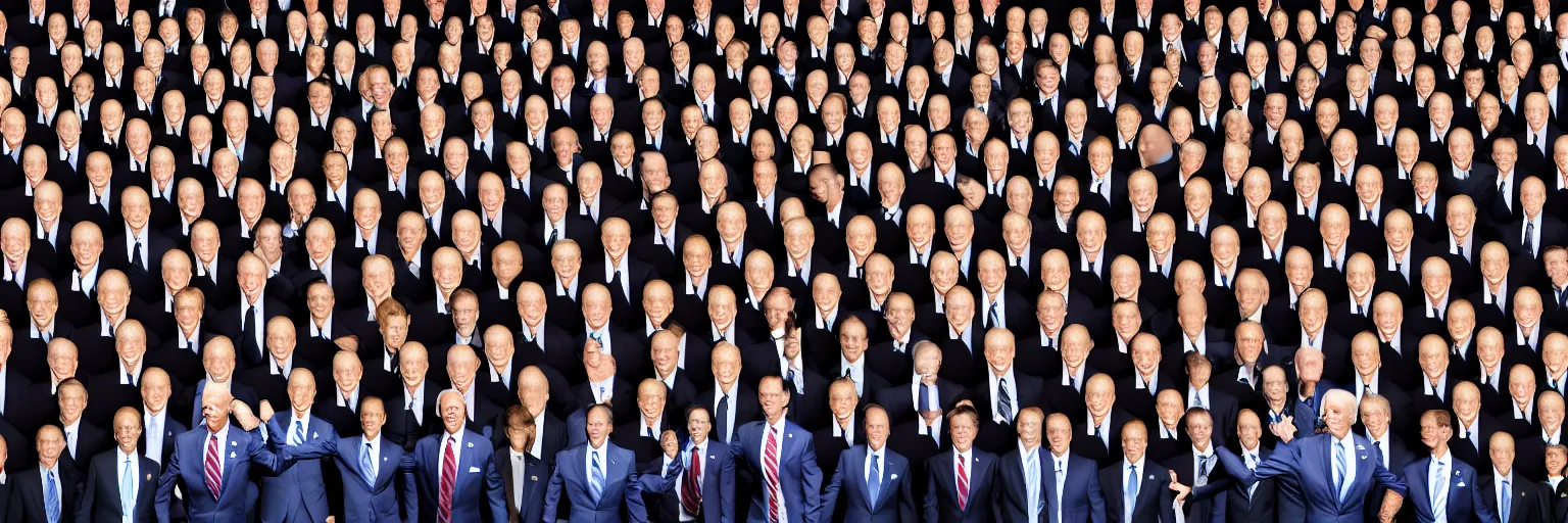 Image similar to photograph of hundreds of clones of joe biden shaking hands and tripping over each other