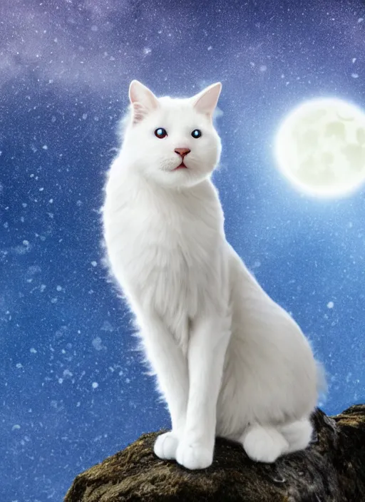 Image similar to giant little white cat on a snowy mountain with lightning coming out of its paws, blue sky background with moon