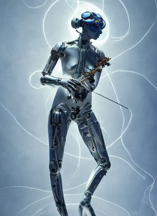 Prompt: portrait of a futuristic female violinist cyborg, in the style of ghost in the shell, kintsugi, modern fine art, fractal, intricate, elegant, highly detailed, digital photography, subsurface scattering, by jheronimus bosch and greg rutkowski,