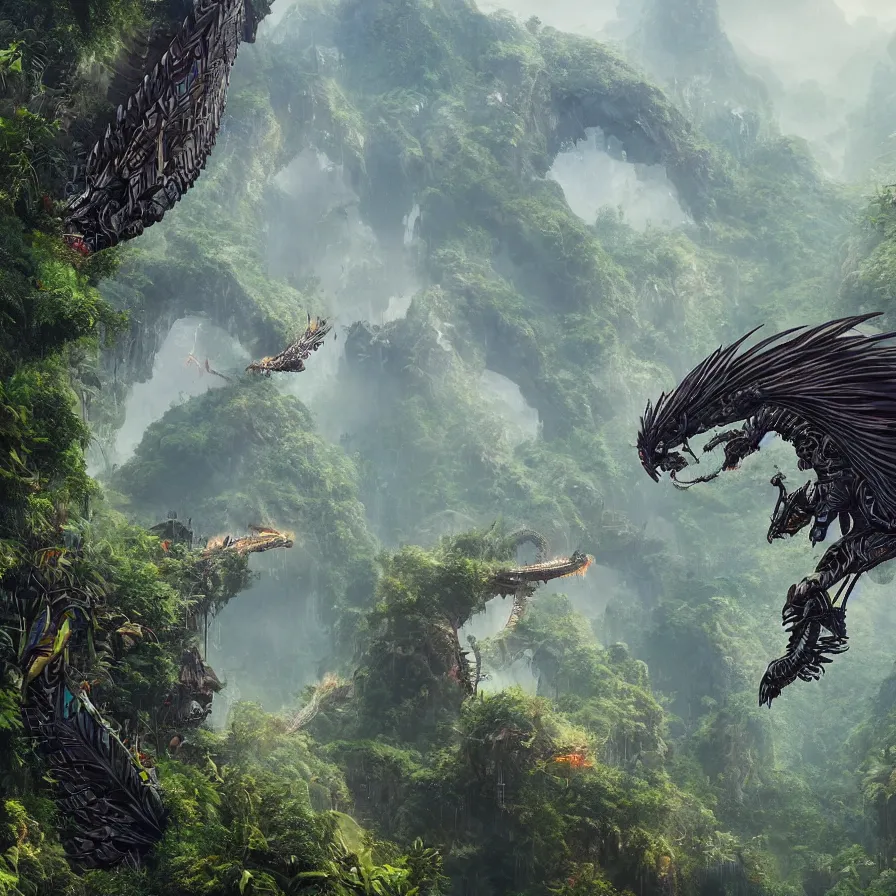 Image similar to hyperrealistic matte painting of futuristic robot quetzalcoatl, dragon, feathered dragon, flying above the jungle by eddie mendoza, beeple, 4 k, trending on cgsociety