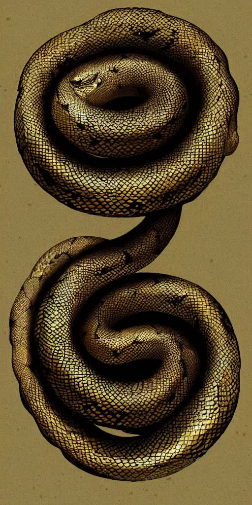 Image similar to concept art of an ouroboro, endless snake, made of gold, on a dark wood background, surrounded by spirals of fog, grimy, gritty, trending on artstation, award winning painting, close portrait, cgi, art by david cronenberg and chris cunningham