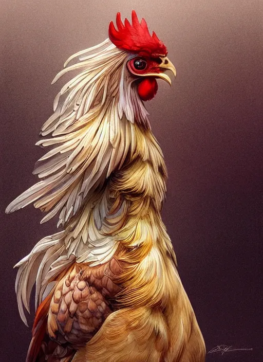 Image similar to full figure ultra realistic illustration, rooster, beautiful, intricate, elegant, highly detailed, digital painting, artstation, concept art, smooth, sharp focus, illustration, art by artgerm and greg rutkowski and alphonse mucha