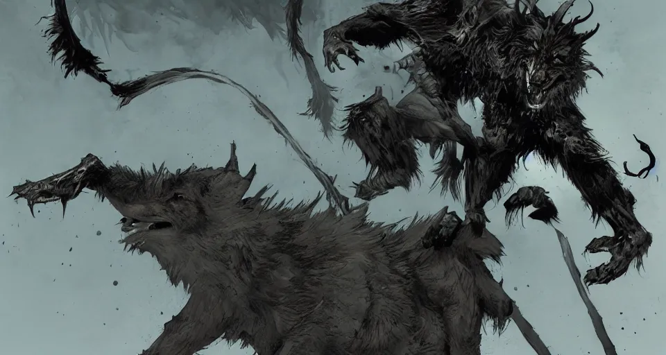 Image similar to king of the wolves. By Travis Charest, James Gurney, and Ashley Wood. dramatic lighting. Magic the gathering. digital painting.