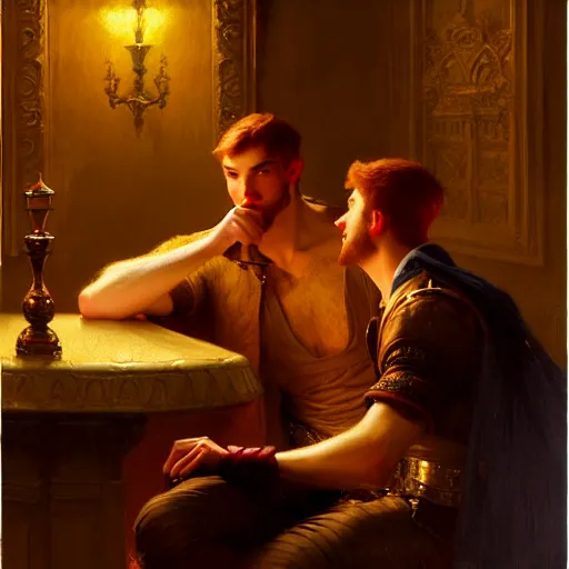 Image similar to attractive male mike and attractive male tyler, one is ginger and the other brunet, drinking their hearts out, in their noble mansion, at night. highly detailed painting by gaston bussiere, craig mullins, j. c. leyendecker 8 k