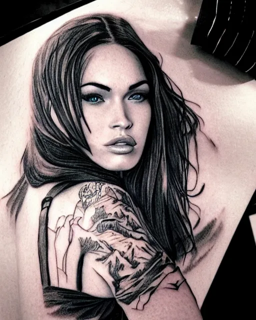 Image similar to realism tattoo design sketch of megan fox with beautiful mountain scenery, in the style of dan mountford, double exposure effect, hyper realistic, amazing detail, black and white