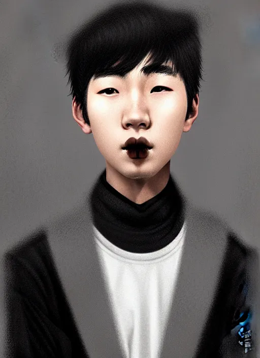 Image similar to portrait of an korean teen boy with a crooked nose and a confident expression, 1 9 6 0 s, black clothes, goth, punk, brightly coloured hair, funk, intricate, elegant, highly detailed, digital painting, artstation, concept art, smooth, sharp focus, illustration, art by wlop, mars ravelo and greg rutkowski