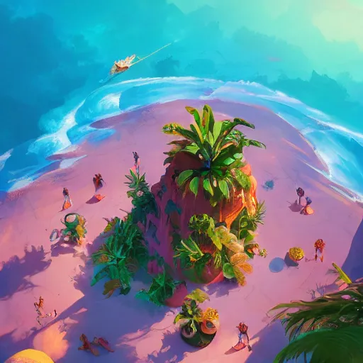 Prompt: tropical paradise from above, maya ali mage, gloomhaven, dynamic lighting, gaudy colors, octane render aesthetic, matte painting concept art, official fanart behance hd artstation by jesper ejsing, by rhads and makoto shinkai and lois van baarle and ilya kuvshinov and rossdraws