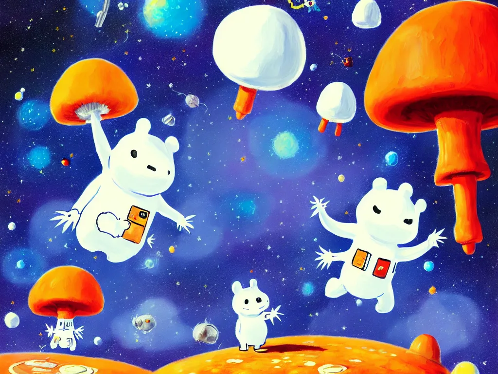 Image similar to moomins in space suits flying around with jetpacks discovering the mushroom planet, looking cute, photorealistic painting, movie still, warm colors, fluffy, cozy, low light, trending on artstation