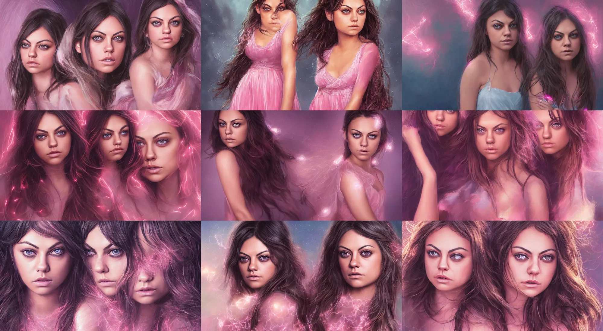 Prompt: full body portrait of teenage mila kunis, bangs, blue eyes, sultry expression, blond hair, sultry smirk, bangs and wavy hair, pink skirt, intricate, elegant, glowing lights, highly detailed, digital painting, artstation, concept art, smooth, sharp focus, illustration, art by wlop, mars ravelo and greg rutkowski