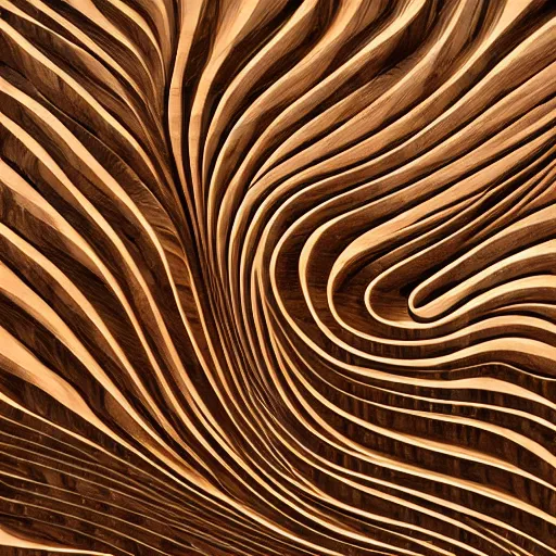 Image similar to a very intricate wood sculpture in the shape and texture of waves, fractal patterns, deep and expressive grain patterns, volumetric lighting, light rays, photorealistic, ultrarealistic, coronarender, 8k