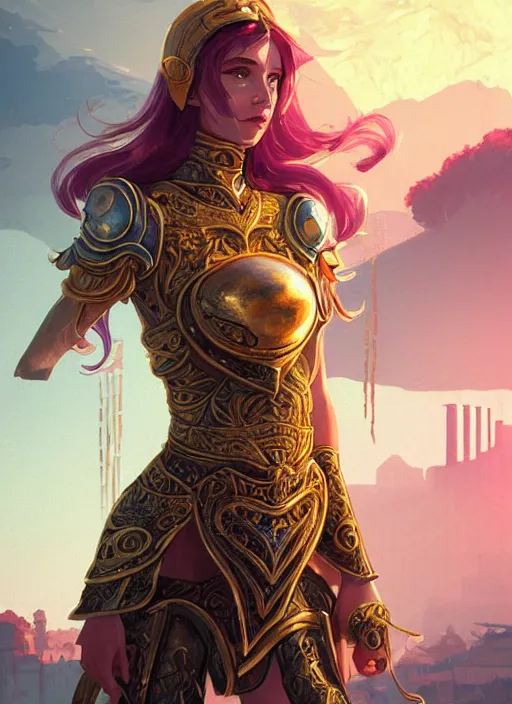 Prompt: portrait knights of zodiac girl, golden and copper shining armor, in ruined agora of athens sunrise, ssci - fi and fantasy, intricate and very very beautiful and elegant, highly detailed, digital painting, artstation, concept art, smooth and sharp focus, illustration, art by ilya kuvshinov and z - - ed and tian zi and wlop