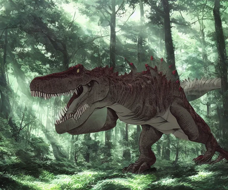 Image similar to t - rex in a forest, anime fantasy illustration by tomoyuki yamasaki, kyoto studio, madhouse, ufotable, comixwave films, trending on artstation