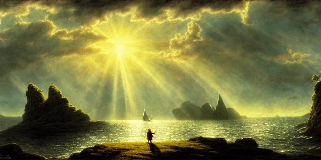 Image similar to three hobbits out at a lord of the rings scenery landscape, staring across the sea at a white timber sail boat leaving harbour, evening, god's rays highly detailed, vivid colour, soft clouds, full moon, cinematic lighting, perfect composition, gustave dore, derek zabrocki, greg rutkowski, belsinski