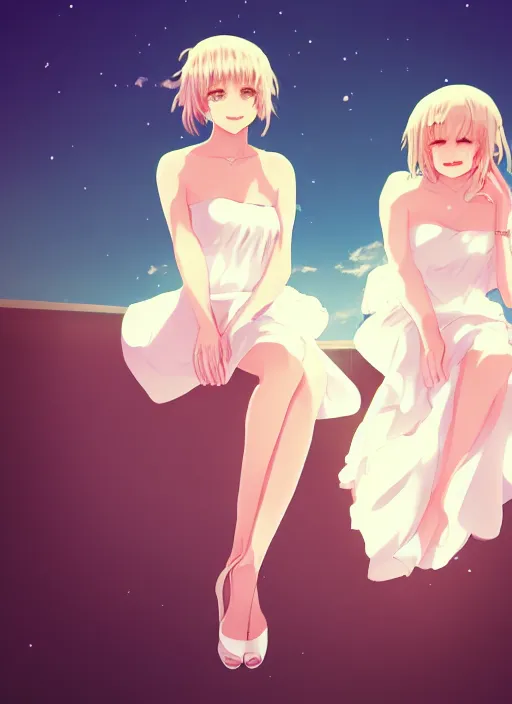 Prompt: two beautiful mothers sitting on a hot summer evening, white dress, gorgeous faces, thick lines, cinematic lighting, detailed anime art,