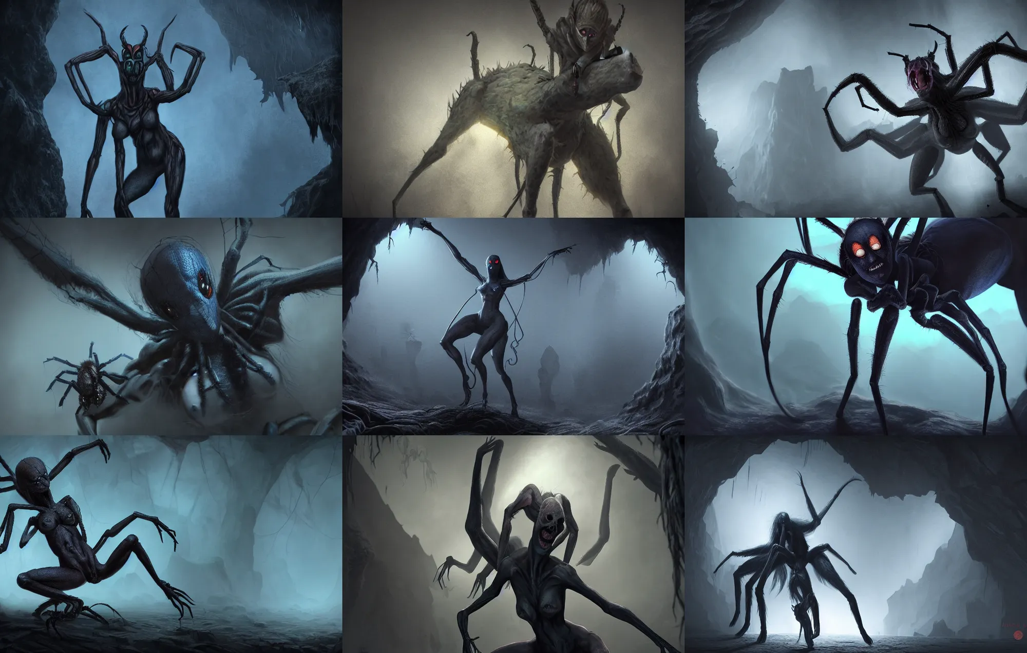 Prompt: creepy matte painting of a female spider centaur with eight legs in a dark cave, ultra detailed, monster, half human half spider, human torso, spider abdomen, creature design, dnd, d & d, dndbeyond, concept art, 8 k, moody lighting, muted colors, blue tone light, dramatic lighting