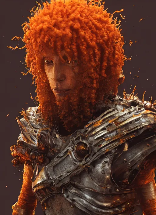 Prompt: biopunk portrait of curly orange hair man from dark souls, au naturel, hyper detailed, digital art, trending in artstation, cinematic lighting, studio quality, smooth render, unreal engine 5 rendered, octane rendered, art style by klimt and nixeu and ian sprigger and wlop and krenz cushart.