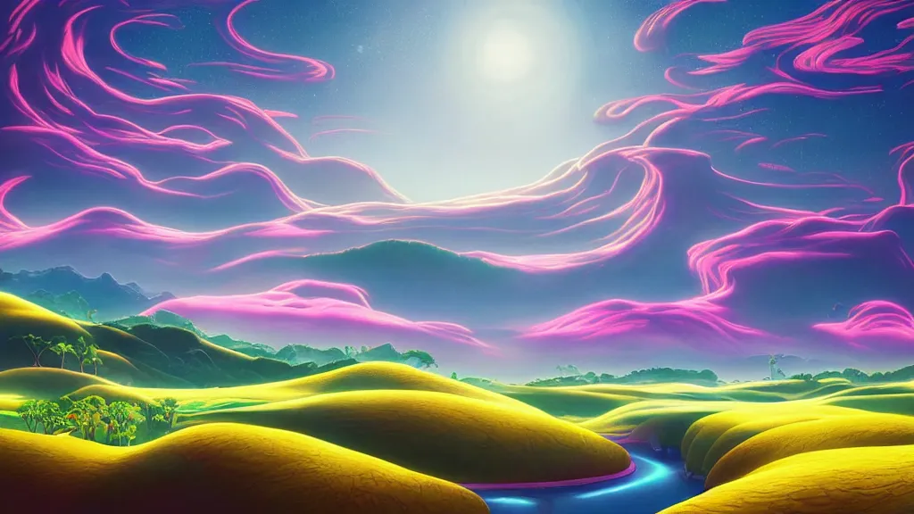 Image similar to digital painting of a lush sinuous river valley by. river. sunset. no mans sky. chiho aoshima. digital render. detailed. beautiful landscape.