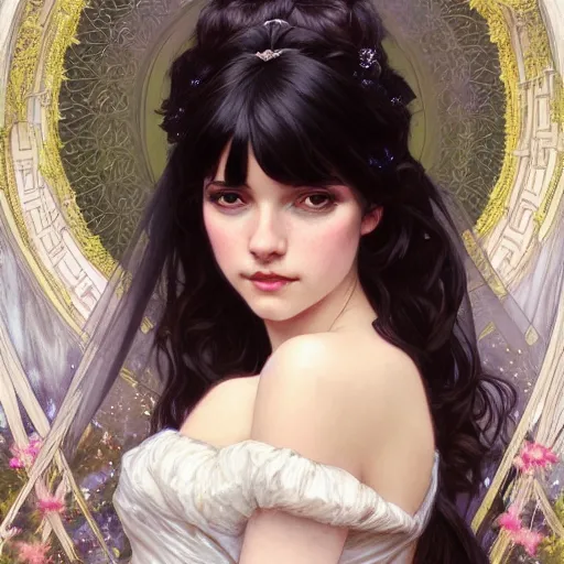 Image similar to a beautiful girl with dark hair and bangs, wearing a wedding dress, royal gardens background, fantasy, intricate, elegant, highly detailed, digital painting, artstation, concept art, matte, sharp focus, illustration, art by Artgerm and Greg Rutkowski and Alphonse Mucha