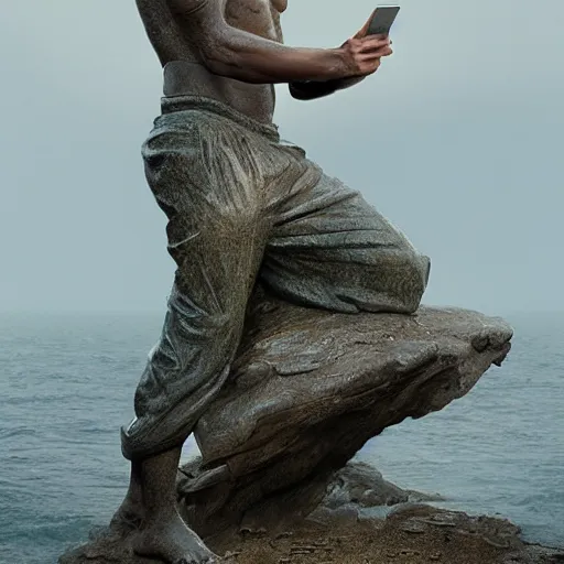 Prompt: a statue of a man holding a phone the background is the sea by greg rutkowski