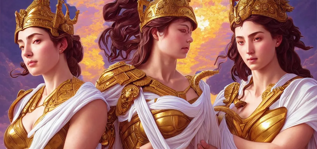 Prompt: symmetry!! intense fanart of 3 / 4 front pose of athena the goddess of war next to aphrodite the goddess of love, intricate, elegant, highly detailed, my rendition, digital painting, artstation, concept art, smooth, sharp focus, illustration, art by artgerm and greg rutkowski and alphonse mucha