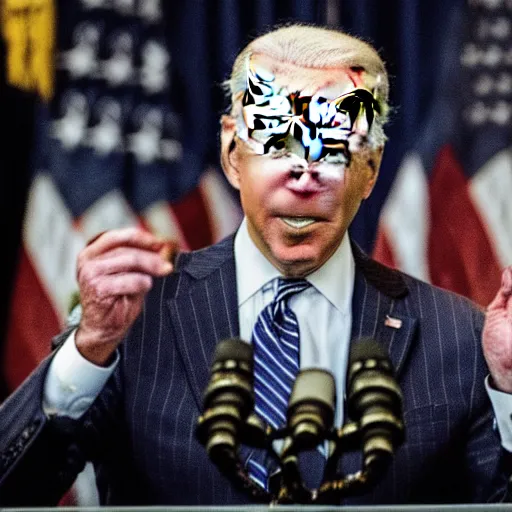 Prompt: Pulitzer-prize winning photograph of Joe Biden giving a press conference with heavy black smoke pouring from his mouth, nose, and eyesockets and pooling on the floor, unbearable anxiety, uncanny liminal space