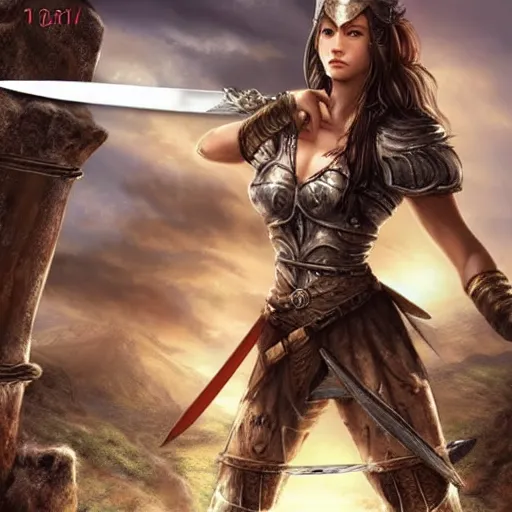 Prompt: beautiful female warrior with longsword in epic fantasy battle