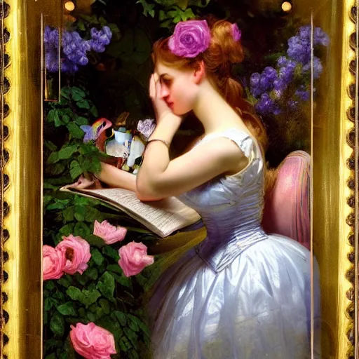 Prompt: Alice in Wonderland,Clock,Rose twining,out of time and space,dreamy, eternity, romantic,highly detailed,in the style of Franz Xaver Winterhalter, night lighting