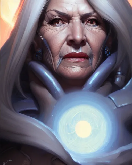 Image similar to ana from overwatch, older woman, gray hair, character portrait, portrait, close up, highly detailed, intricate detail, amazing detail, sharp focus, vintage fantasy art, vintage sci - fi art, radiant light, caustics, by boris vallejo