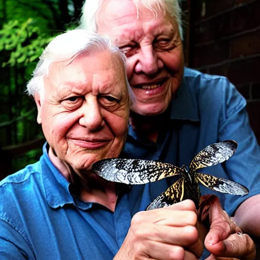 Image similar to Sir David Attenborough holding a small Mothman