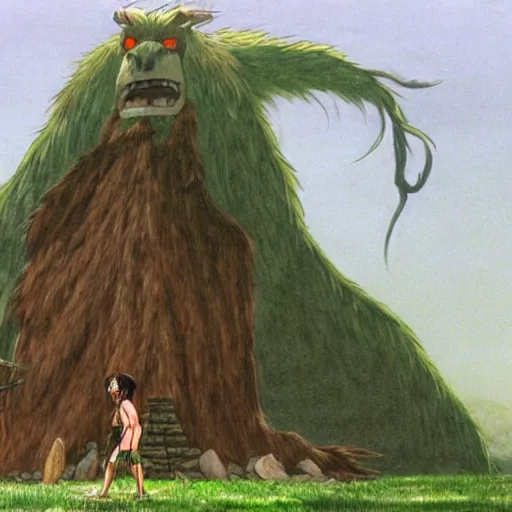 Image similar to a realistic cell - shaded studio ghibli concept art from princess mononoke ( 1 9 9 7 ) of a giant caveman. very dull colors, wide shot, hd, 4 k, hq