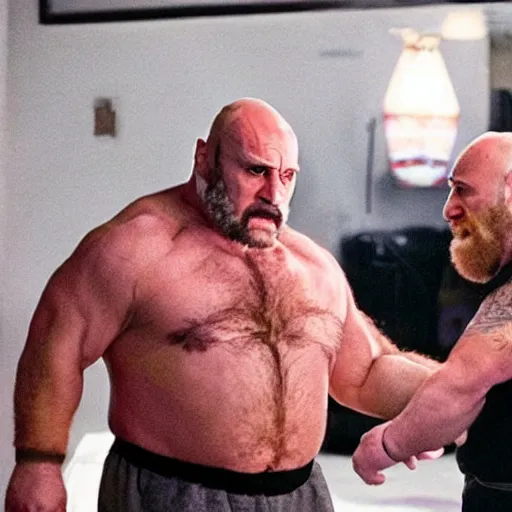 Prompt: movie still of Danny DeVito starring as zangief in the 2026 live action street fighter movie