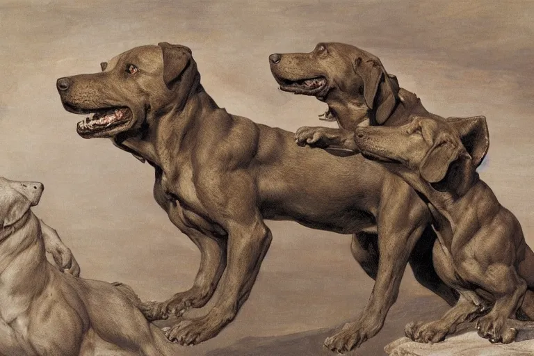 Image similar to hyperdetailed matte art of a three headed dog cerberus by william blake, ilya repin, amano, rene magritte, craig mullins, three headed dog cerberus, details