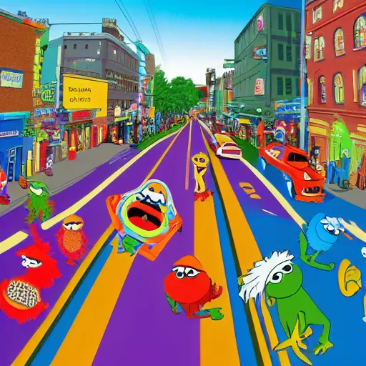 Prompt: wide angle shot of traffic on sesame street with muppets colorful cel shading, cookie monster, elmo, oscar the grouch