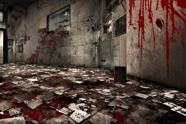 Image similar to Manhunt 3 asylum level concept art, 4k, photorealistic, hd, decrepit walls, falling tiles, graffiti, gritty, splash of dark red near an unconscious person