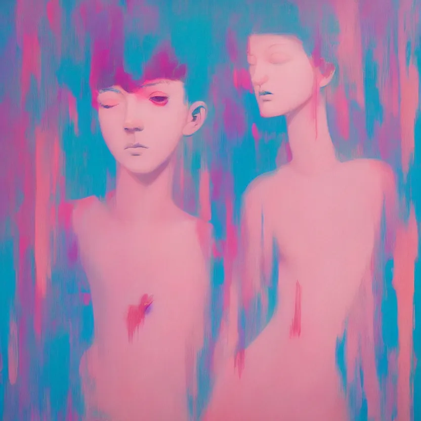 Prompt: neopop fine art western figurative painting with modern youth music culture influences by yoshitomo nara in an aesthetically pleasing natural and pastel color tones
