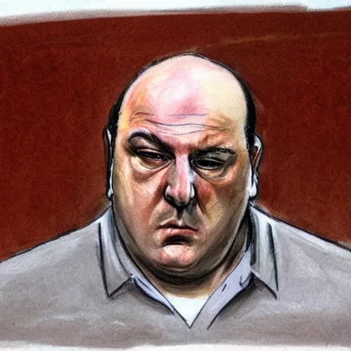 Prompt: Tony Soprano crying in courtroom sketch