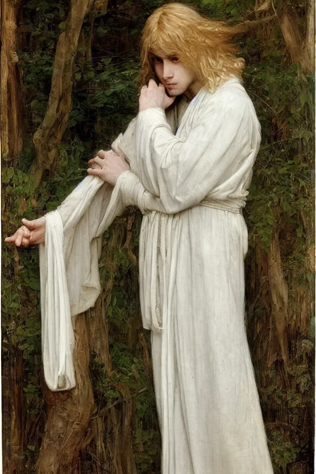 Prompt: beautiful blond androgynous prince Lucius in white robes by john william waterhouse, preraphaelite style, long fluffy blond curly hair, pale porcelain white skin, detailed, defined, chiaroscuro