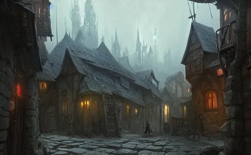 Image similar to epic concept art depicted an old medieval mystic town. art by jakub rebelka & tyler edlin & tomek setowski. dramatic mood, overcast mood, dark fantasy environment. trending on artstation, unreal engine, hyperreal movie shot