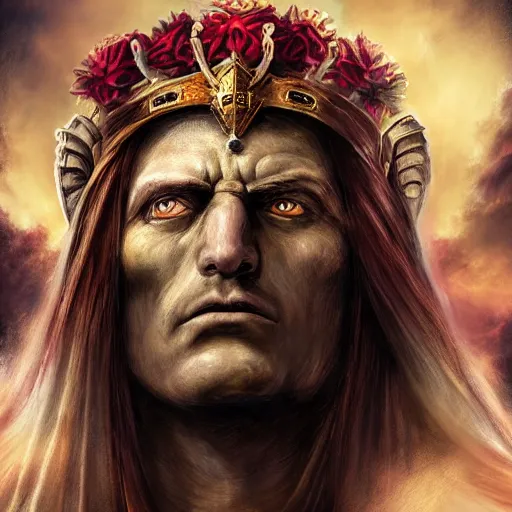 Image similar to the emperor of mankind, beautiful face, long black hair, a wreath on his head, digital painting, photo realism, super realistic detail, warhammer world 4 0, 0 0 0