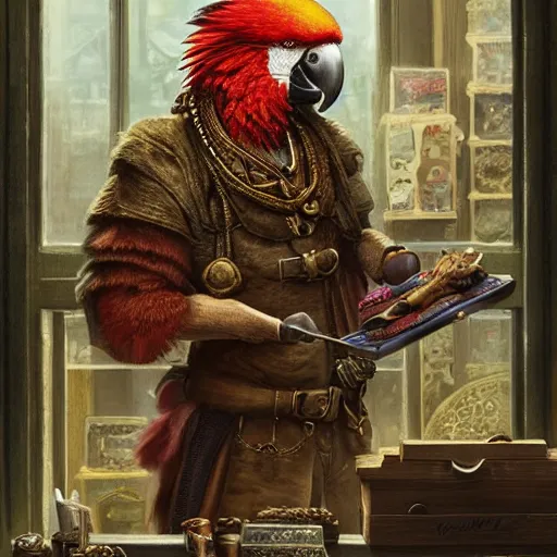 Image similar to A Anthropomorphized parrot trader in his shop, selling his wares, portrait, items, gold, carpet, window, sly expression, cunning expression, D&D, fantasy, intricate, cinematic lighting, highly detailed, digital painting, artstation, concept art, smooth, sharp focus, illustration, art by Akihiko Yoshida, Greg Rutkowski
