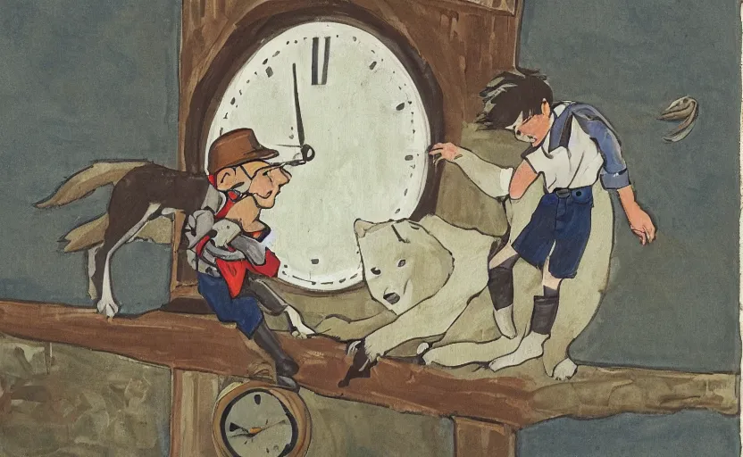 Prompt: a boy fighting a wolf on the edge of a clocktower, gouache, flat, print